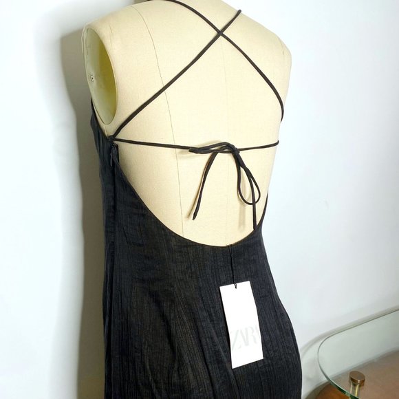 NWT Zara Strappy Open Back Textured Black Mini Dress - Picture 3 of 7